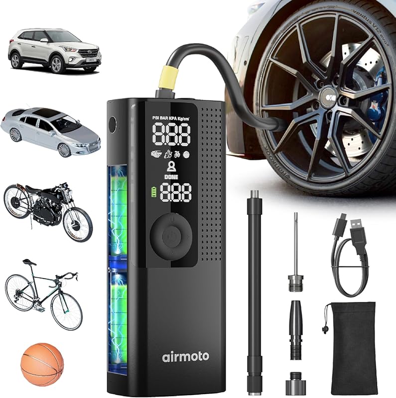Airmoto Portable Tire Inflator with Digital Gauge, LED Light, and Auto
