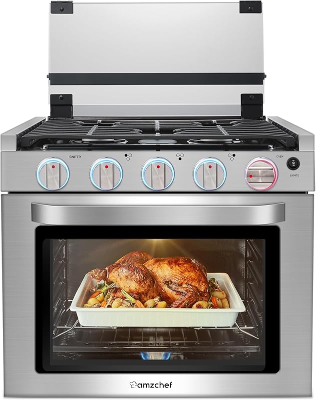 AMZCHEF RV Gas Range Stove 12V, 3 Burners, Gas Oven, 28,100 BTU, Cast 