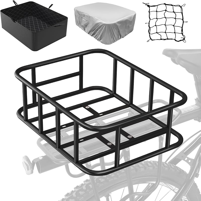 Heavy Duty Rear Bike Basket with Waterproof Cover, Cargo Net & Liner f