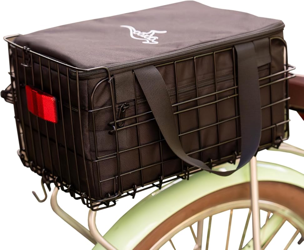 Foldable Rear Bike Basket with Removable Insulated Cooler Bag & Weathe