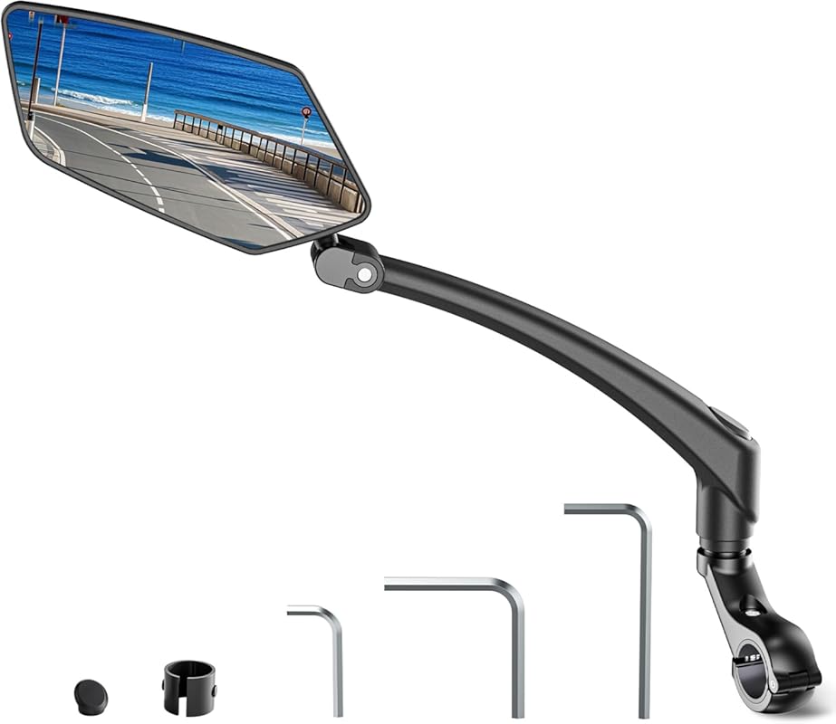 360° Adjustable HD Bike Mirror for Handlebars – Long Arm, Foldable, Sa